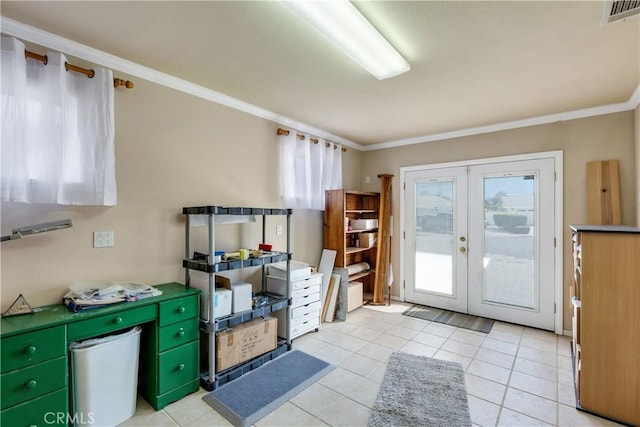 28970 Exmoor Ct, Menifee, CA 92586 - entryway with light tile patterned floors, visible vents, ornamental molding, and french doors