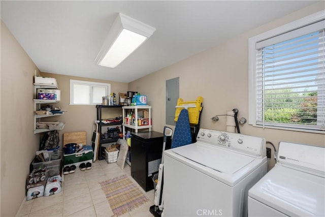 28970 Exmoor Ct, Menifee, CA 92586 - laundry area featuring electric panel, light tile patterned floors, laundry area, and washer and clothes dryer