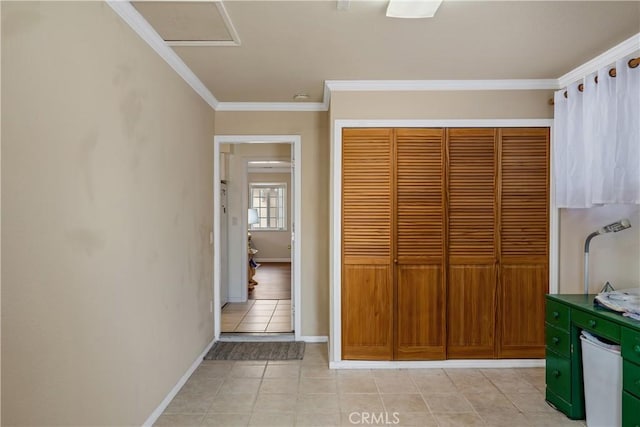 28970 Exmoor Ct, Menifee, CA 92586 - interior space featuring a closet, ornamental molding, baseboards, and light tile patterned flooring