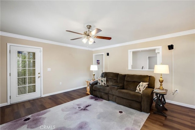 28970 Exmoor Ct, Menifee, CA 92586 - living area featuring crown molding, a ceiling fan, baseboards, and wood finished floors
