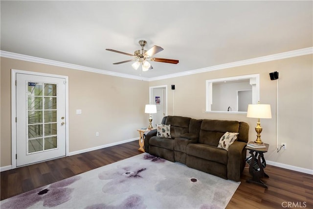 28970 Exmoor Ct, Menifee, CA 92586 - living room with wood finished floors, ornamental molding, and a ceiling fan