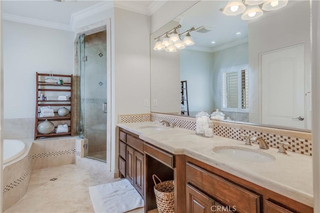 full bathroom with a sink, double vanity, a stall shower, and a bath