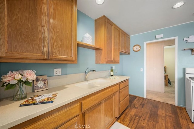 2574 W Heffron Dr, Anaheim, CA 92804 - kitchen with a sink, light countertops, open shelves, and dark wood finished floors