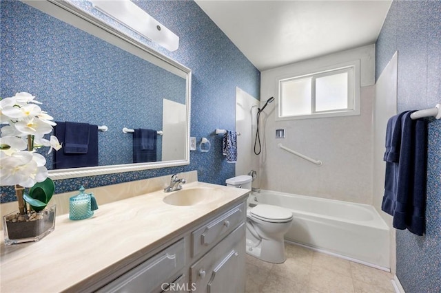 2574 W Heffron Dr, Anaheim, CA 92804 - full bathroom with vanity, toilet, wallpapered walls, tile patterned floors, and  shower combination