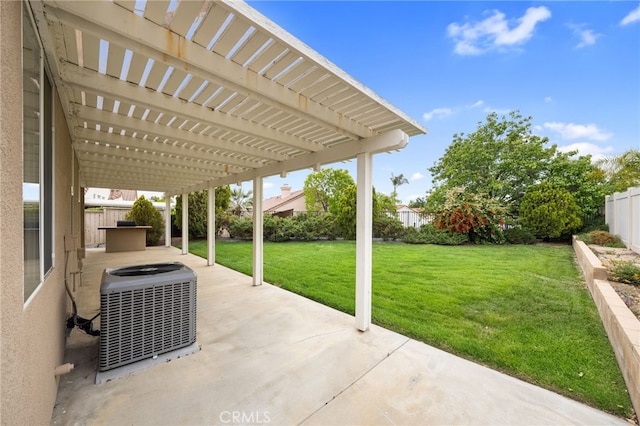 view of patio featuring a fenced backyard, central AC, and a pergola