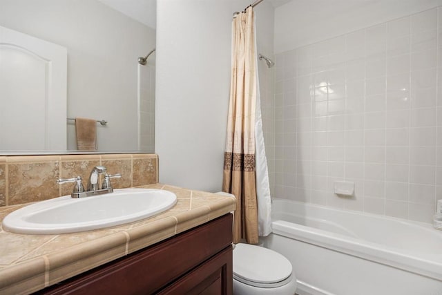 2258 Aventurine Pl, Carlsbad, CA 92009 - bathroom featuring shower / tub combo, toilet, vanity, and tasteful backsplash