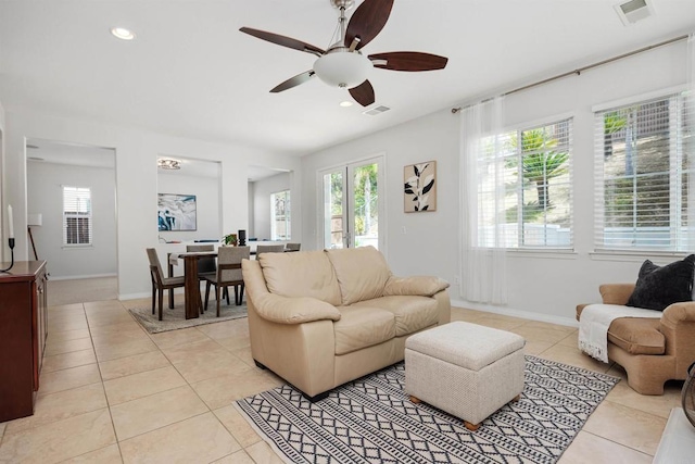 2258 Aventurine Pl, Carlsbad, CA 92009 - living room featuring light tile patterned floors, a ceiling fan, baseboards, and recessed lighting