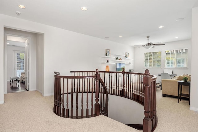 2258 Aventurine Pl, Carlsbad, CA 92009 - hall featuring an upstairs landing, light carpet, recessed lighting, plenty of natural light, and baseboards