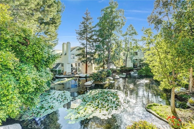 view of community with a garden pond