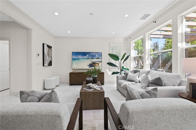 living area featuring baseboards, marble finish floor, recessed lighting, and visible vents