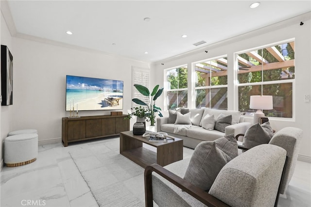 living area featuring recessed lighting, baseboards, visible vents, and marble finish floor