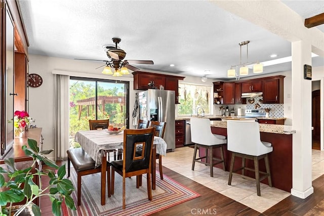 26231 Wilson St, Los Molinos, CA 96055 - dining area with recessed lighting, ceiling fan, light wood-type flooring, and a textured ceiling