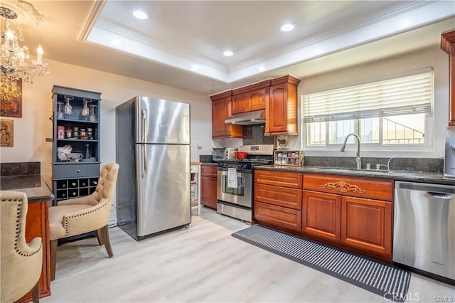 kitchen with a sink, light wood-style floors, stainless steel appliances, under cabinet range hood, and ornamental molding