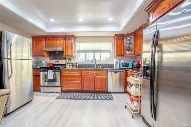 kitchen featuring crown molding, appliances with stainless steel finishes, a sink, light wood finished floors, and under cabinet range hood
