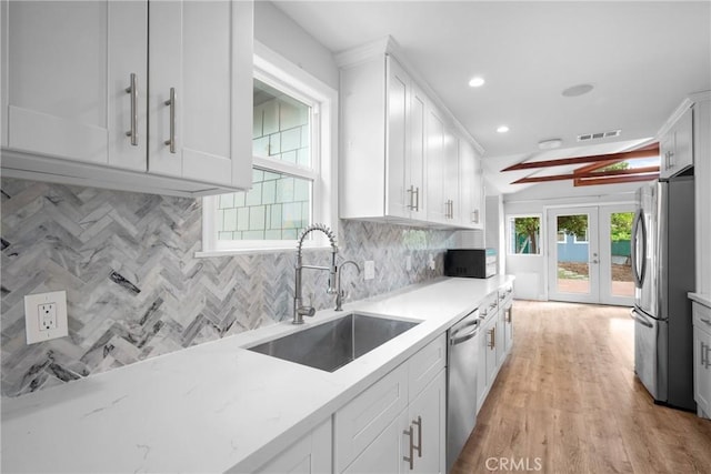 kitchen featuring a sink, white cabinetry, backsplash, and stainless steel appliances