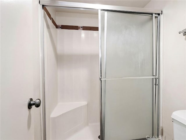 bathroom featuring a stall shower and toilet