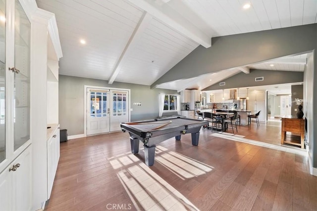 9179 Hidden Farm Rd, Rancho Cucamonga, CA 91737 - game room with french doors, recessed lighting, billiards, vaulted ceiling with beams, and light wood-type flooring