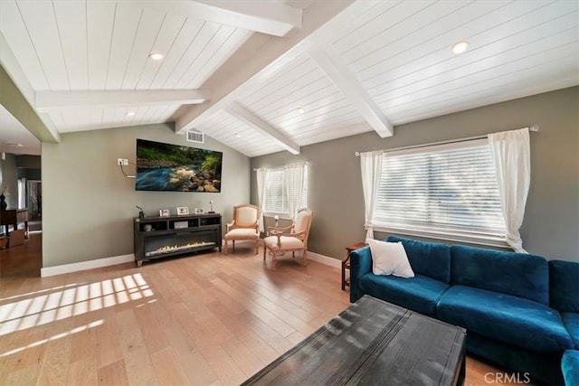 9179 Hidden Farm Rd, Rancho Cucamonga, CA 91737 - living room with visible vents, hardwood / wood-style flooring, baseboards, vaulted ceiling with beams, and recessed lighting