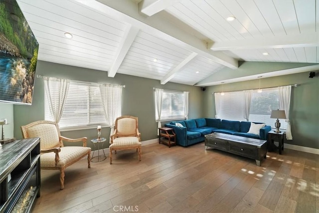 9179 Hidden Farm Rd, Rancho Cucamonga, CA 91737 - living area with recessed lighting, baseboards, lofted ceiling with beams, and hardwood / wood-style flooring
