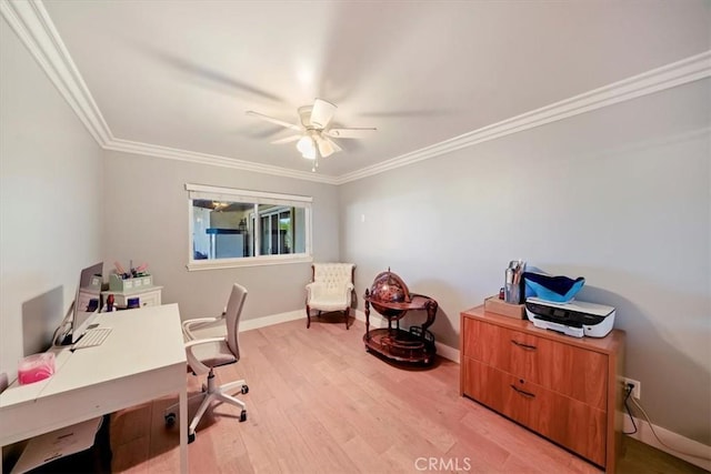 9179 Hidden Farm Rd, Rancho Cucamonga, CA 91737 - office space with baseboards, ornamental molding, a ceiling fan, and light wood finished floors