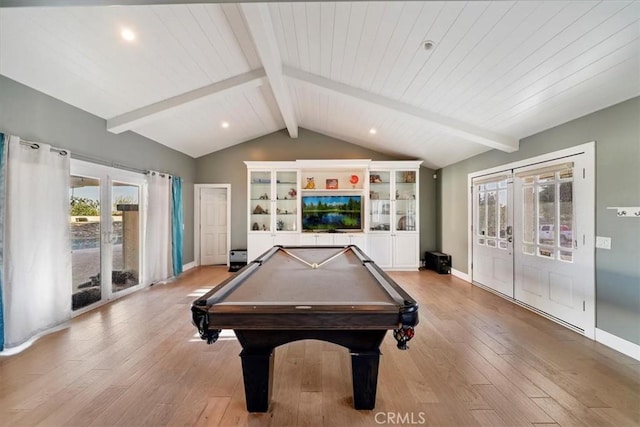 9179 Hidden Farm Rd, Rancho Cucamonga, CA 91737 - recreation room with vaulted ceiling with beams, billiards, a healthy amount of sunlight, and light wood-type flooring