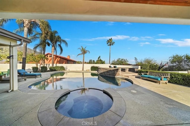 9179 Hidden Farm Rd, Rancho Cucamonga, CA 91737 - view of swimming pool featuring a patio, a fenced backyard, and a pool with connected hot tub