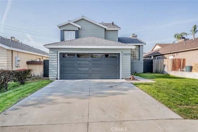 view of front facade featuring concrete driveway, an attached garage, fence, and a front yard