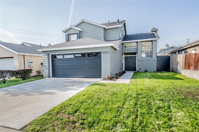 view of front facade featuring fence, an attached garage, a front yard, a chimney, and concrete driveway