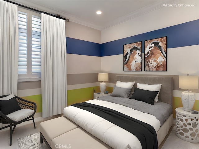 bedroom with crown molding, recessed lighting, and carpet