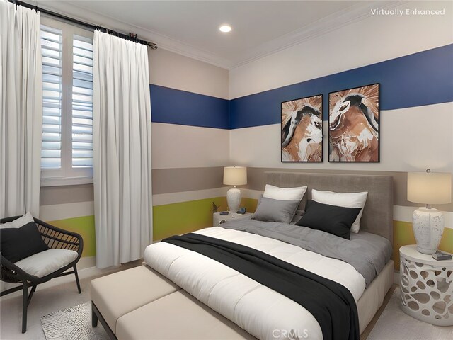 418 Maravilla Ln, Brea, CA 92823 - carpeted bedroom with ornamental molding and recessed lighting