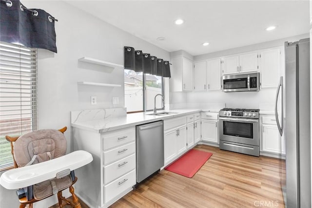 kitchen with a sink, white cabinets, light wood-style floors, and stainless steel appliances