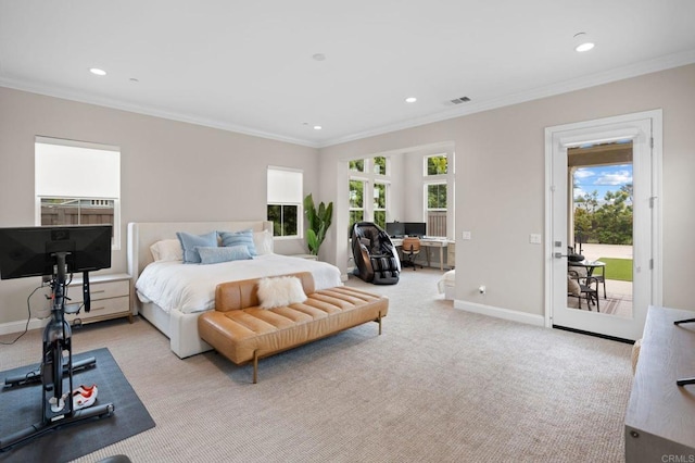956 Urania Ave, Encinitas, CA 92024 - bedroom with light colored carpet, recessed lighting, ornamental molding, baseboards, and access to outside