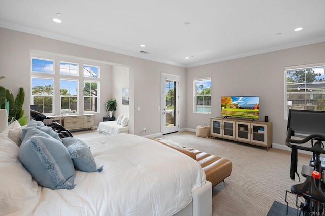 956 Urania Ave, Encinitas, CA 92024 - bedroom with access to outside, light colored carpet, multiple windows, recessed lighting, and ornamental molding