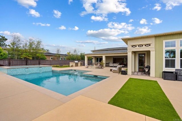 956 Urania Ave, Encinitas, CA 92024 - view of pool featuring a patio, a fenced backyard, an outdoor hangout area, and a pool with connected hot tub