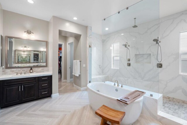 956 Urania Ave, Encinitas, CA 92024 - bathroom with a marble finish shower, a soaking tub, vanity, and recessed lighting
