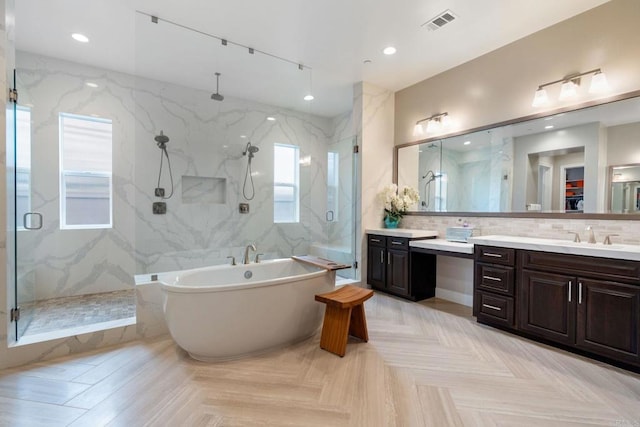 956 Urania Ave, Encinitas, CA 92024 - full bath featuring a marble finish shower, vanity, a soaking tub, recessed lighting, and decorative backsplash