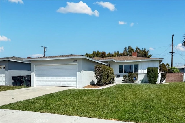 2605 W 163rd St, Torrance, CA 90504 - ranch-style house featuring a garage, a front lawn, stucco siding, a chimney, and concrete driveway