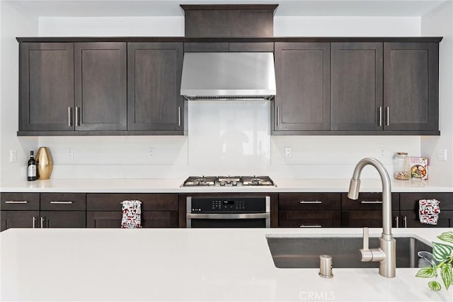 2710 Santa Fiora Dr, Corona, CA 92882 - kitchen with wall chimney range hood, appliances with stainless steel finishes, dark brown cabinets, a sink, and light countertops
