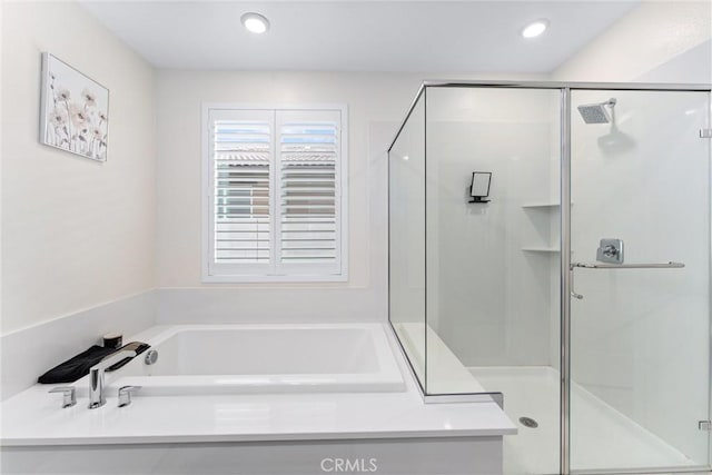 2710 Santa Fiora Dr, Corona, CA 92882 - bathroom with a shower stall, a garden tub, and recessed lighting