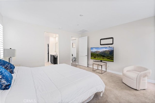 2710 Santa Fiora Dr, Corona, CA 92882 - bedroom featuring visible vents, baseboards, ensuite bath, and light carpet