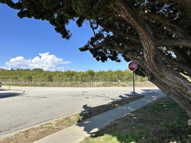 view of road with sidewalks, traffic signs, and a forest view