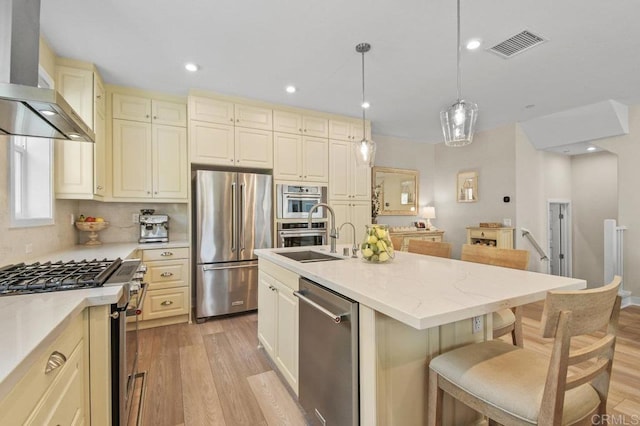kitchen featuring a sink, stainless steel appliances, visible vents, wall chimney range hood, and light wood-style floors