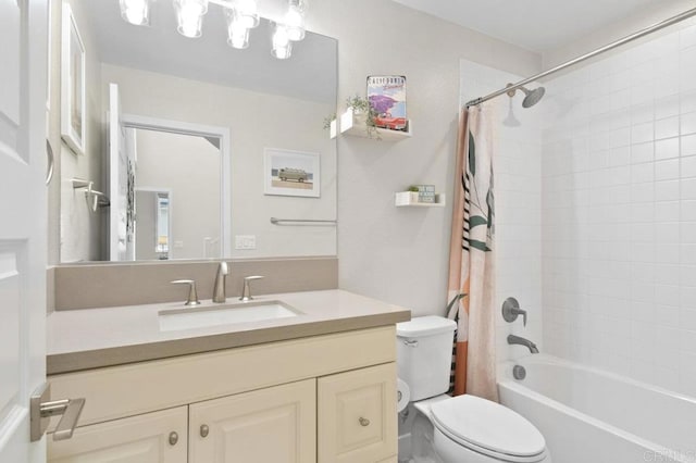 bathroom with toilet, shower / tub combo with curtain, and vanity