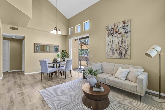 2641 Dunstan Dr, Tustin, CA 92782 - living area with an inviting chandelier, high vaulted ceiling, baseboards, wood finished floors, and visible vents