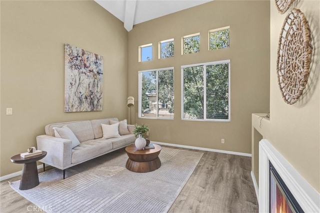 2641 Dunstan Dr, Tustin, CA 92782 - living area featuring baseboards, wood finished floors, and a high ceiling