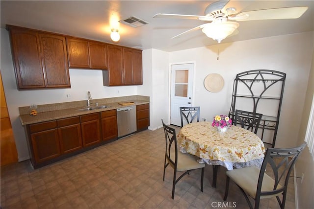 kitchen featuring a sink, dishwasher, dark floors, a ceiling fan, and visible vents