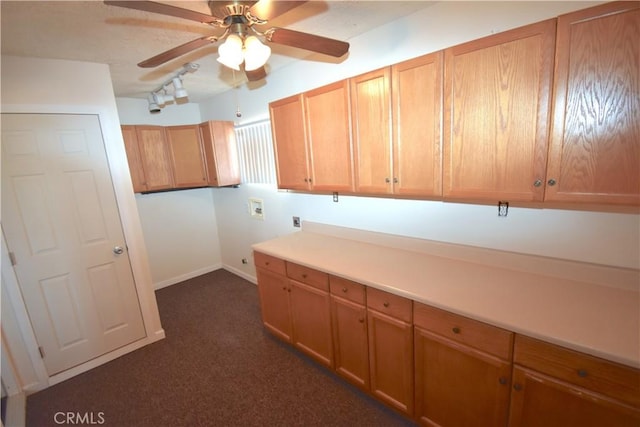 clothes washing area featuring dark colored carpet, hookup for a washing machine, baseboards, ceiling fan, and cabinet space