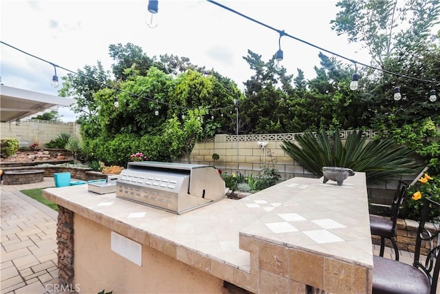 view of patio / terrace featuring an outdoor kitchen, a grill, and a fenced backyard