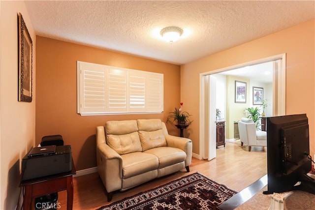 interior space featuring baseboards, a textured ceiling, and wood finished floors