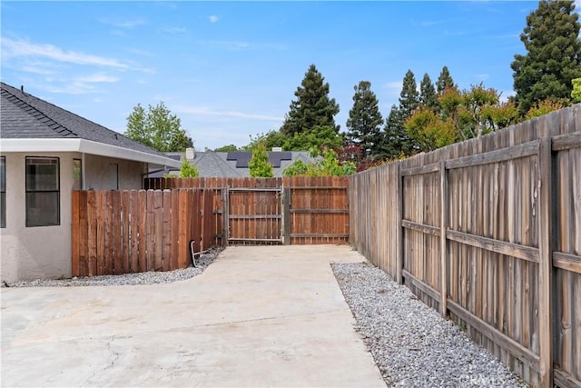 view of yard featuring a fenced backyard, a gate, and a patio area